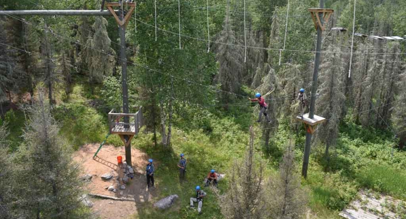 a group of adult students make their way through a ropes course on an outward bound trip